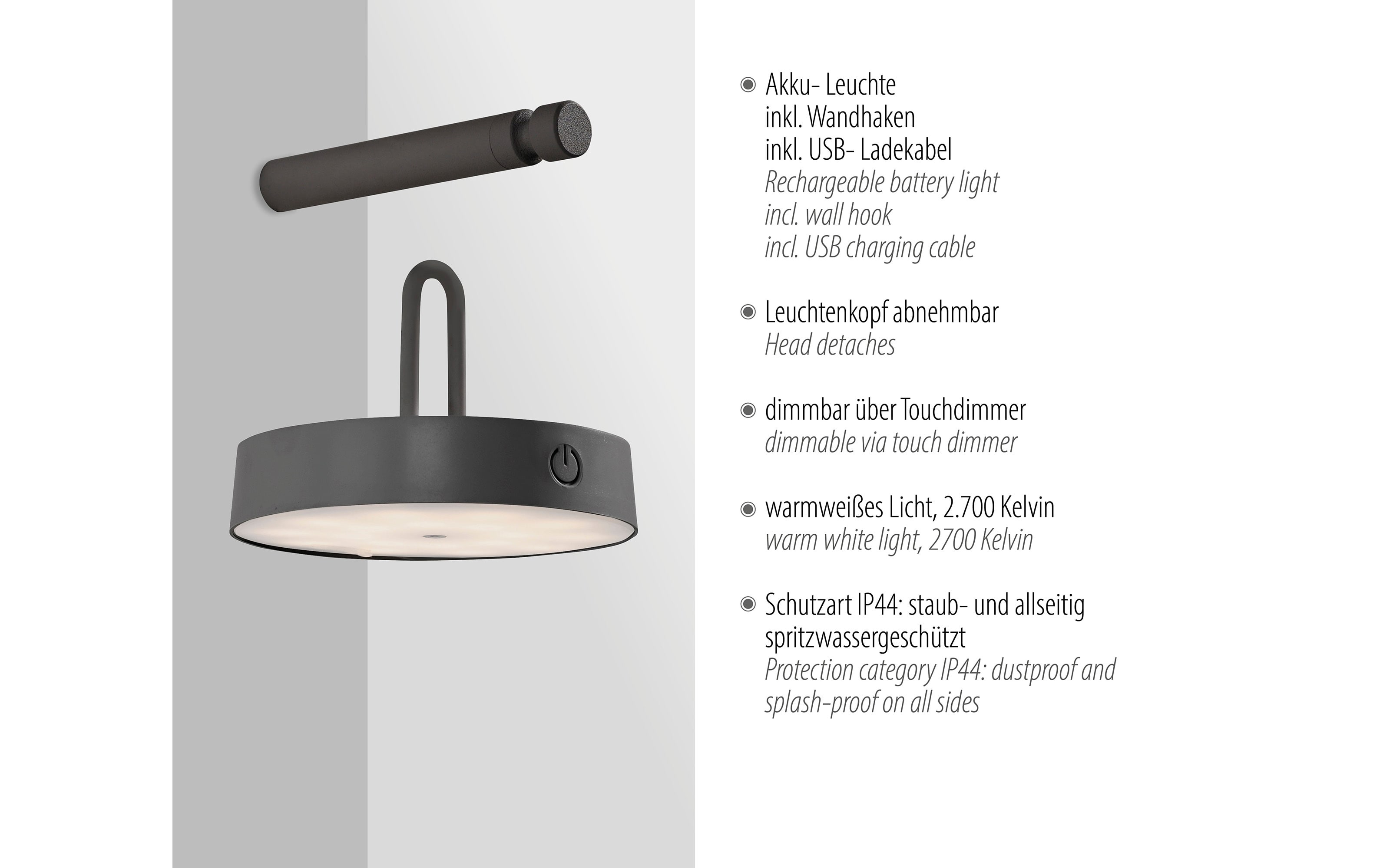LED-Akkuwandleuchte Arma, schwarz, inkl. Memoryfunktion