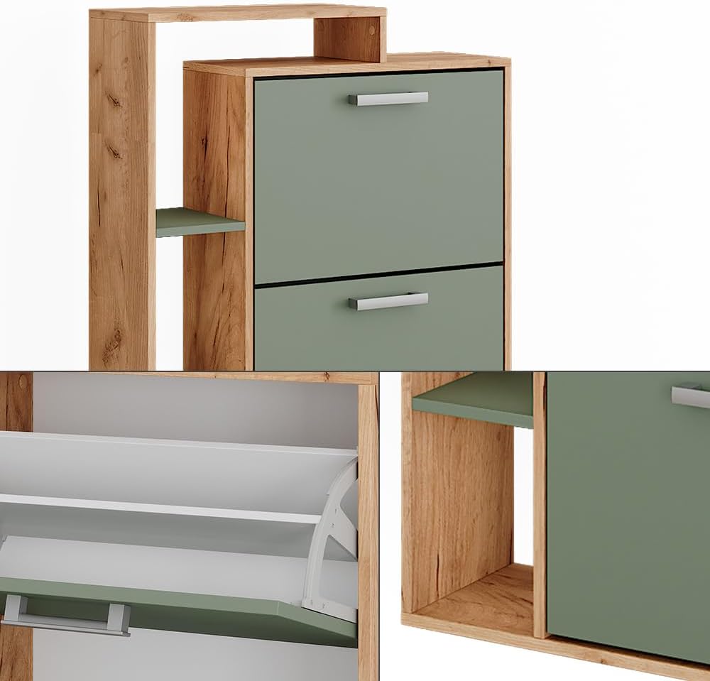 Vicco Schuhkipper Orlando, Goldkraft Eiche/Grün, 80 x 128.3 cm mit 3 Fächern