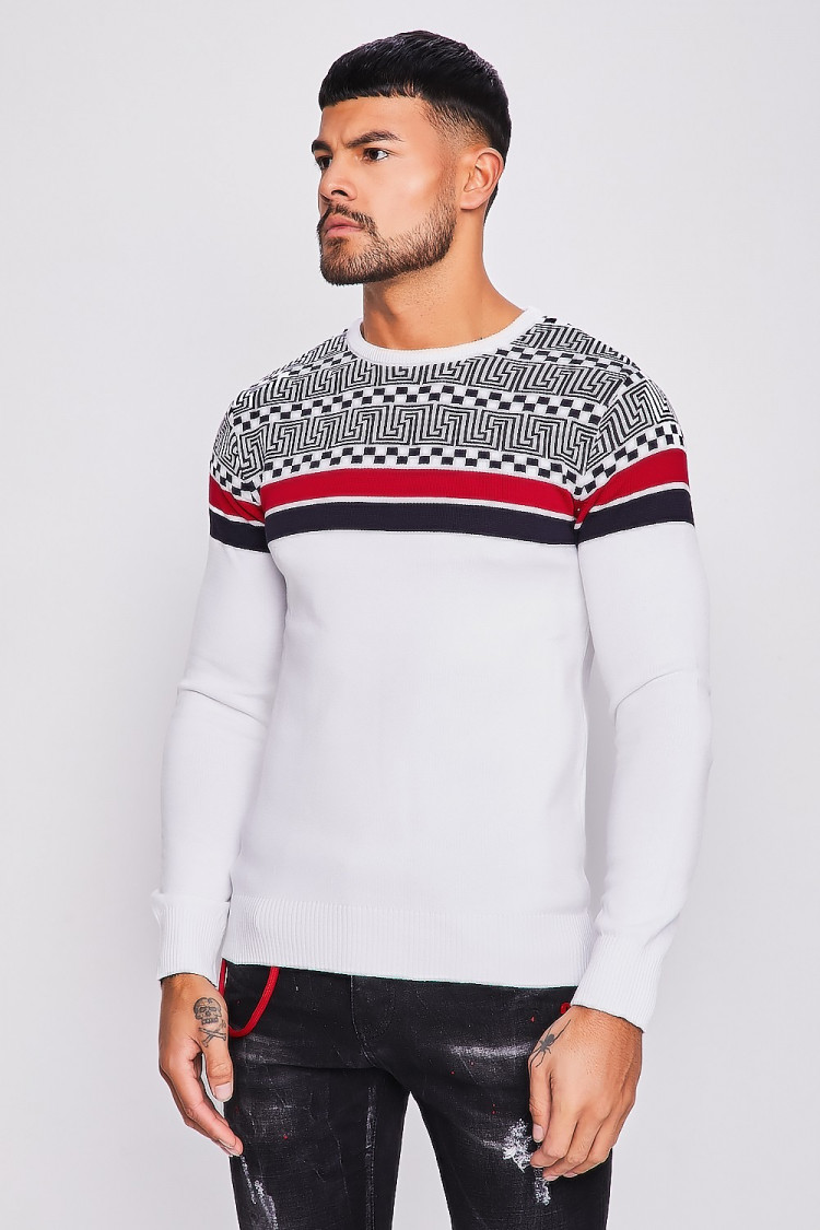 Pull en maille blanc à motifs grecs et bandes