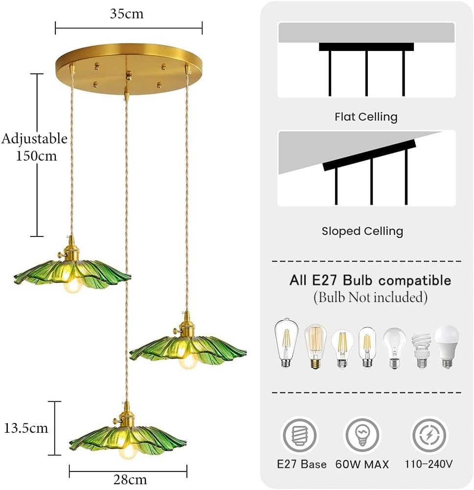 Pendelleuchte grünes Glaslicht Kücheninselleuchten Esszimmerleuchte Kronleuchter Blume DREI Lichter für Schlafzimmer Küche Flur grüne Sonnenblumenform verstellbar Hängeleuchte