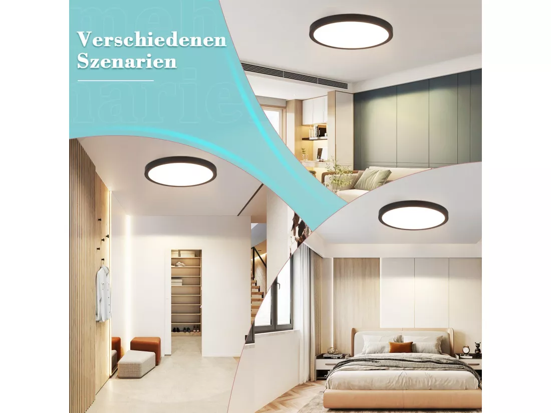 NETTLIFE Plafonnier LED Plat Noir 4000K Chambre 24W Salle de Bain Couloir Ronde pour Cuisine
