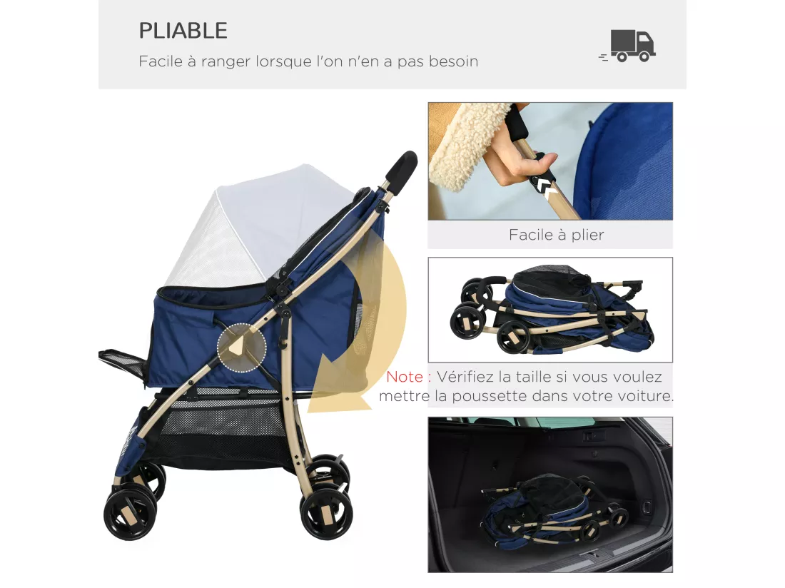 Poussette buggy pliable pour chien rangement laisses coussin inclus bleu