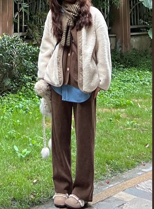 evanesce - Corduroy broek met hoge taille en trekkoord en wijde pijpen