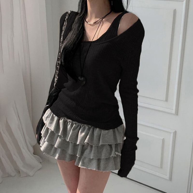 Trisica - Set: T-shirt met lange mouwen, ronde hals en geribbelde afwerking + tanktop