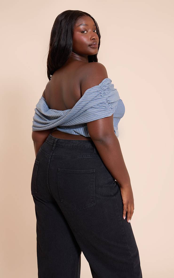 Gris Haut Bardot Grande Taille En Coton Rayé Avec Détail Torsadé