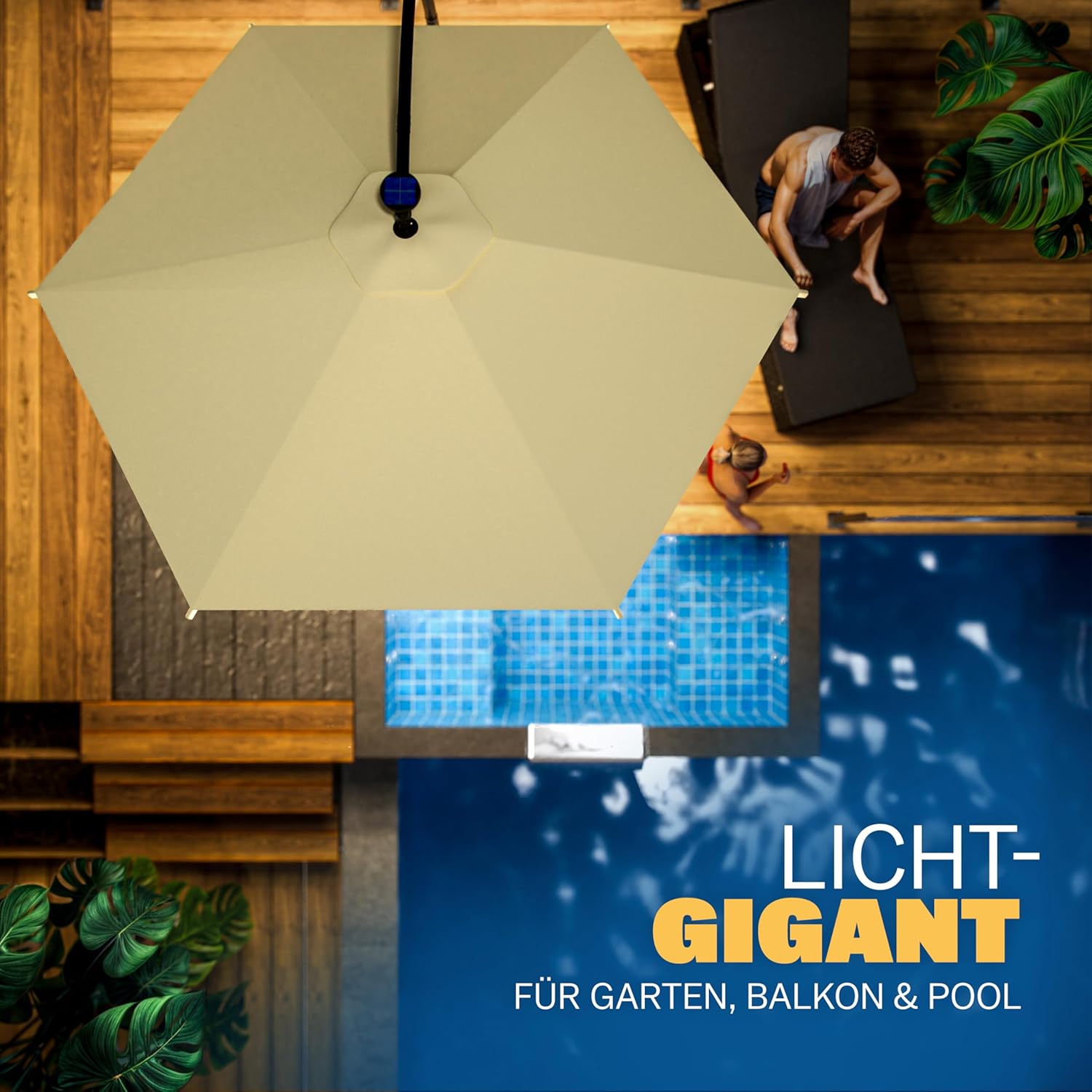 Kingsleeve® Ampelschirm LED Beleuchtung UV Schutz 80+ Solar Ständer Schutzhülle 350cm Groß Kurbel Balkon Terrasse Gartenschirm Sonnenschirm Creme