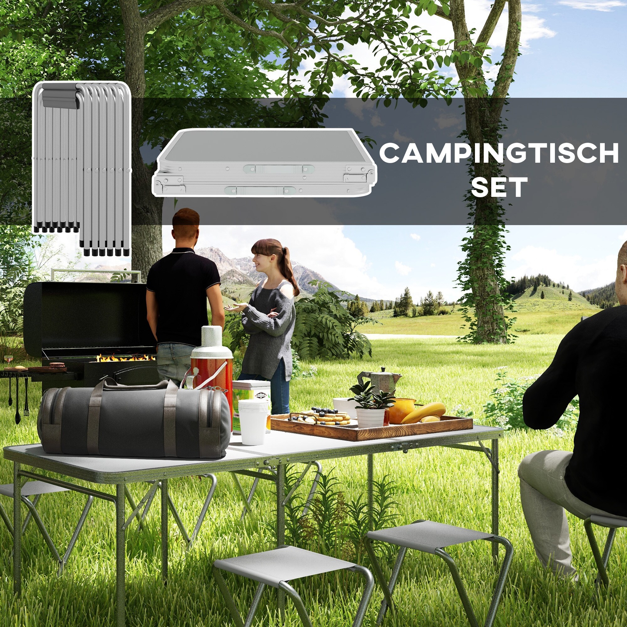 Outsunny Campingtisch Set mit 6 Stühlen grau 180L x 60B x 70H cm