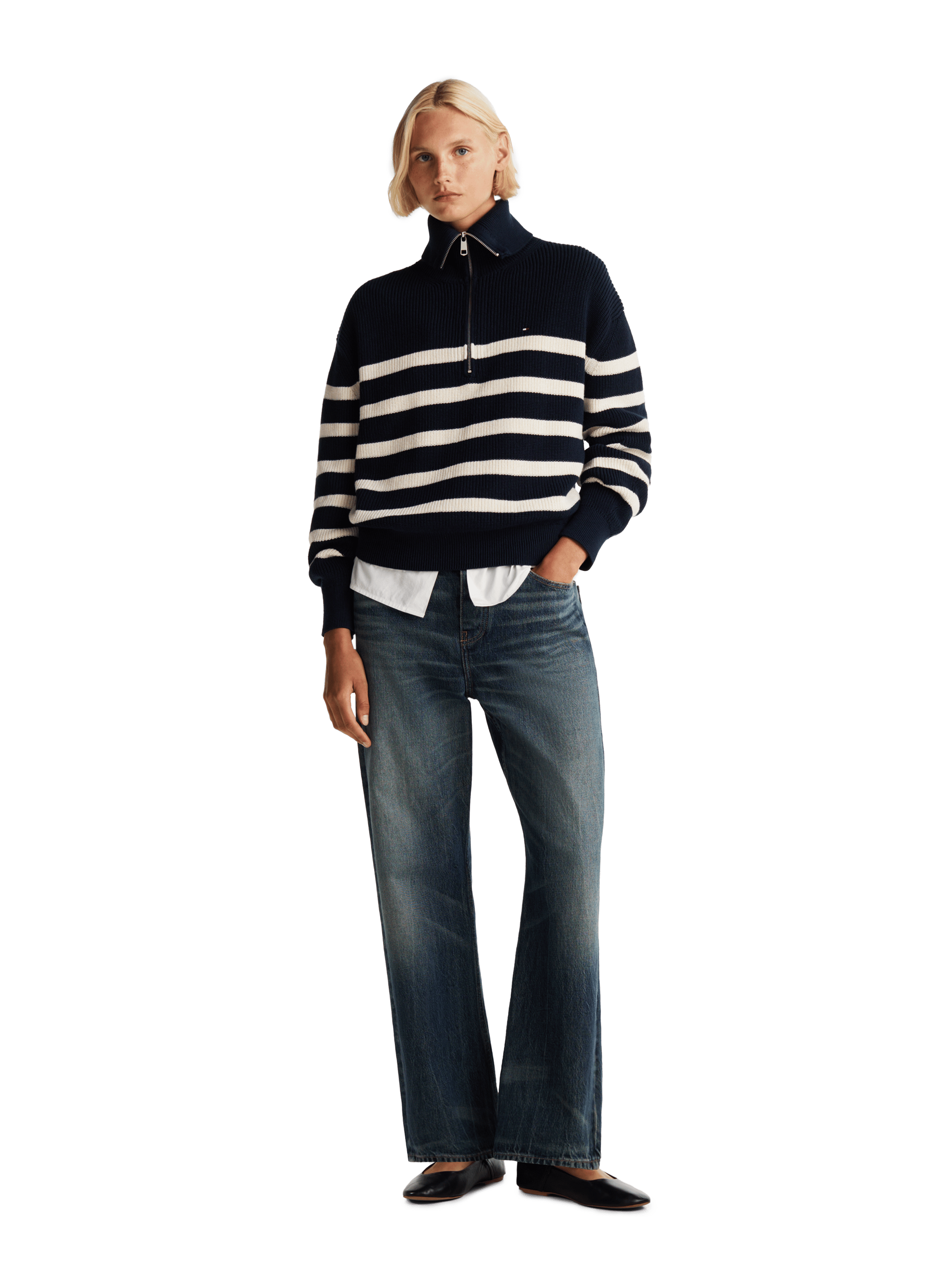 Pull col zippé en coton bio mélangé | Bleu