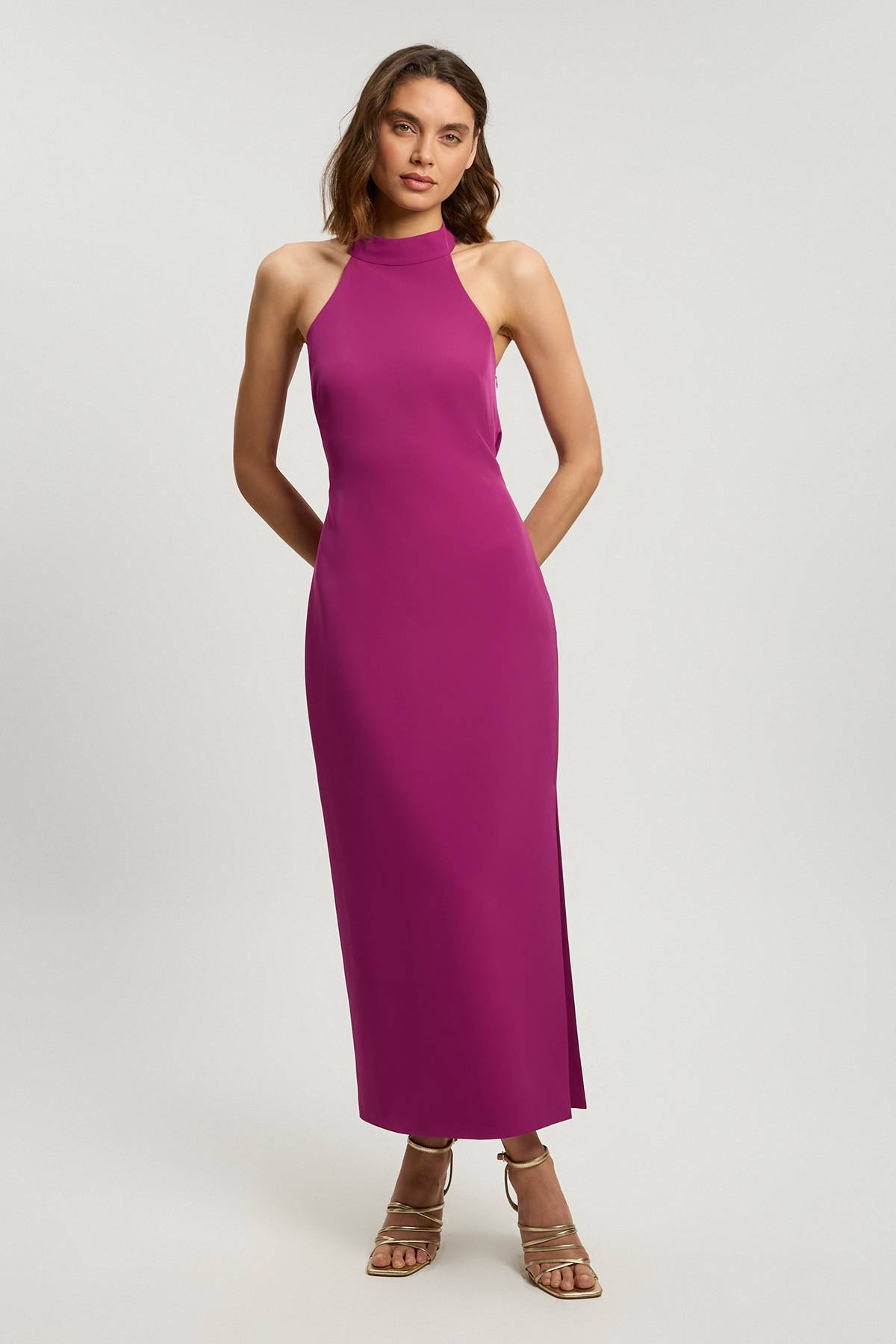 KarenMillen Robe Longue Petite Taille Ajustée Douce Col Halter Dos Ouvert