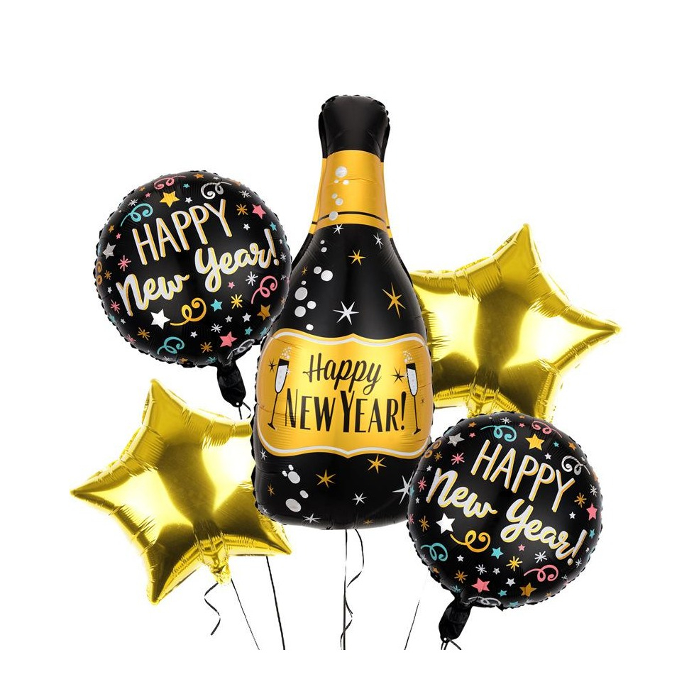 (5-tlg. Set) Silvester Party Deko Folien Ballon Happy New Year / Champagner Flasche / Stern Luftballon - Gold / Schwarz