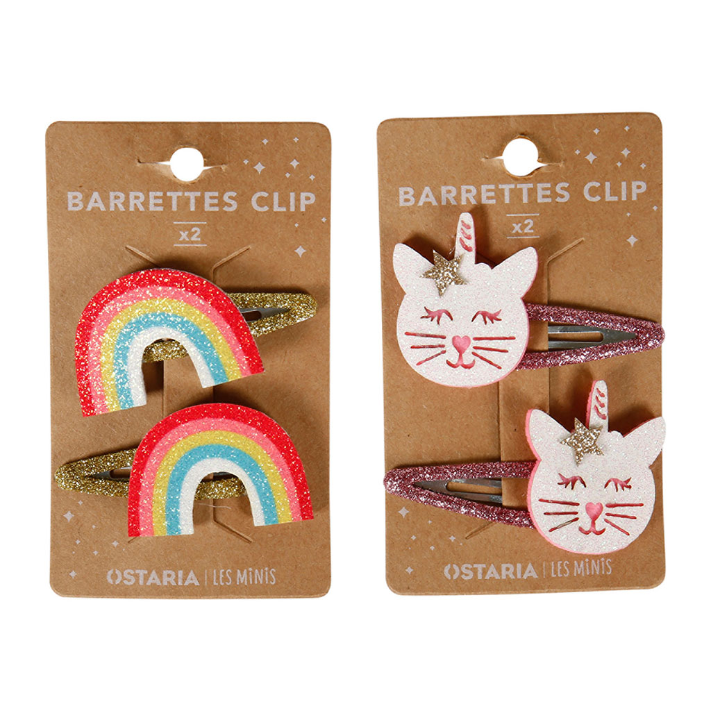 Barrettes cheveux enfant motif chat arc en ciel