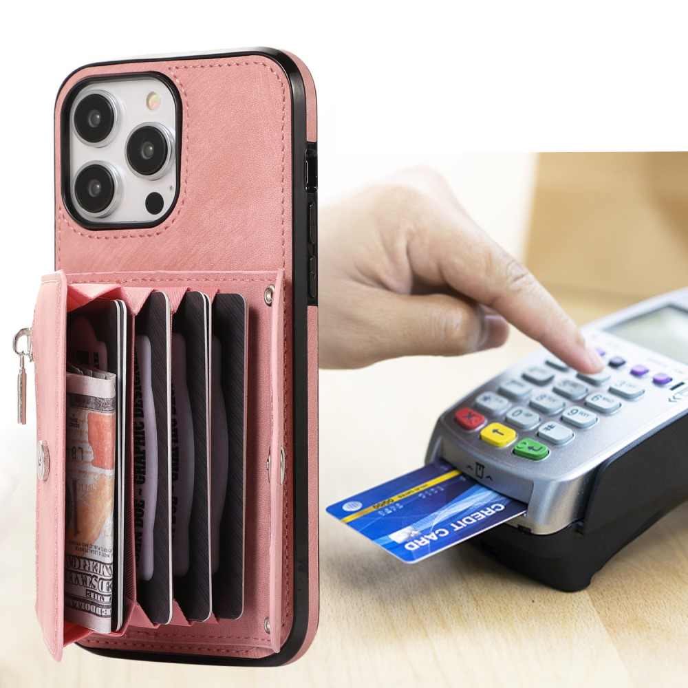 iPhone 14 Pro Necklace Leder Schutz Hülle mit Kartenfächer   Handykette (RFID Schutz) - Rosa