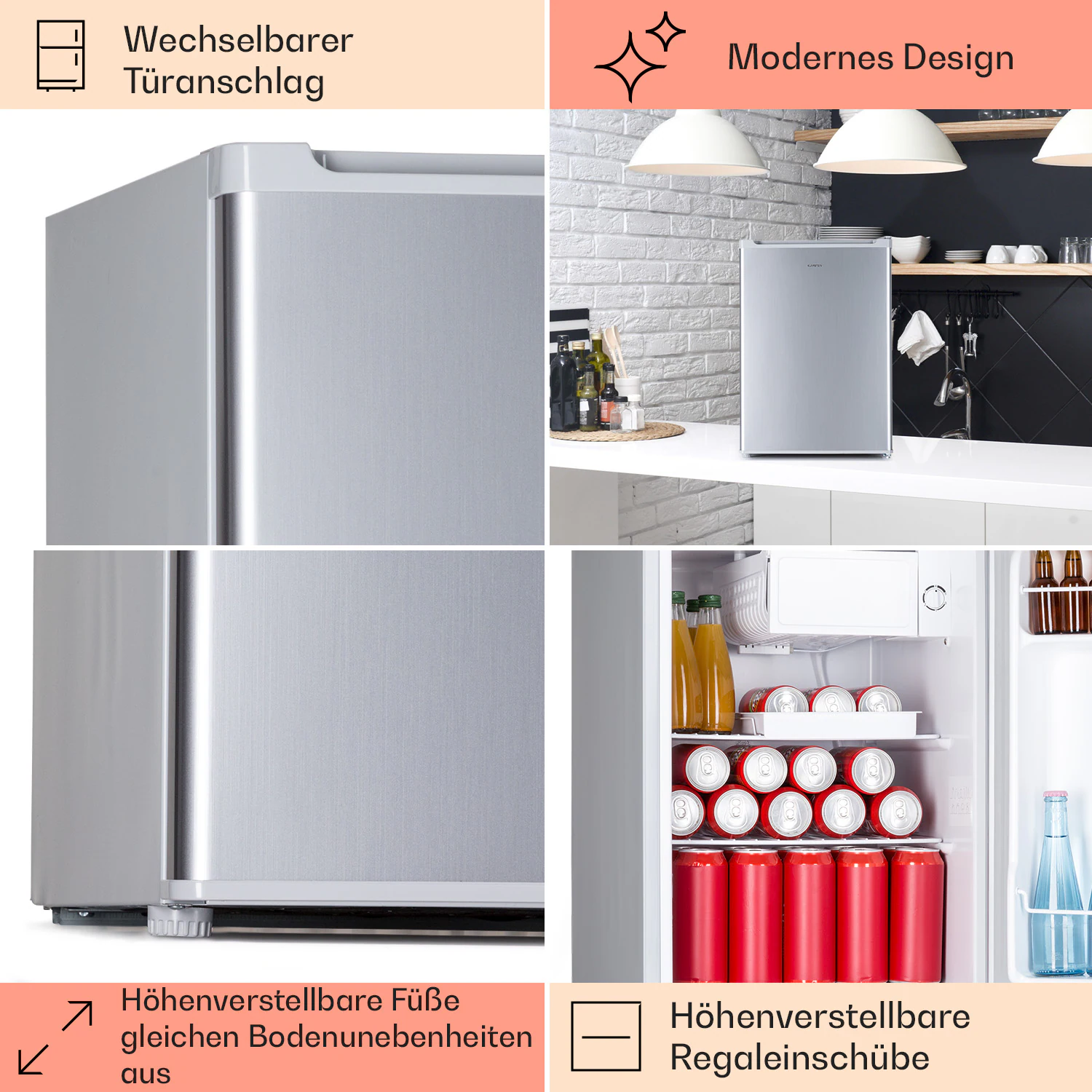 Fargo 67 Kühlschrank Minibar 67 Liter / 4 Liter Gefrierfach kompakt Edelstahl