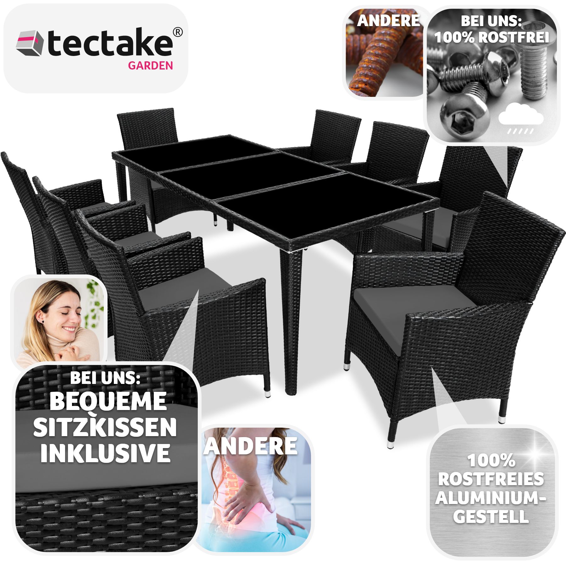 tectake® Rattan Sitzgruppe, mit Aluminiumgestell, wetterfest und UV-beständig, 2 Bezugssets, inklusive Schutzhülle