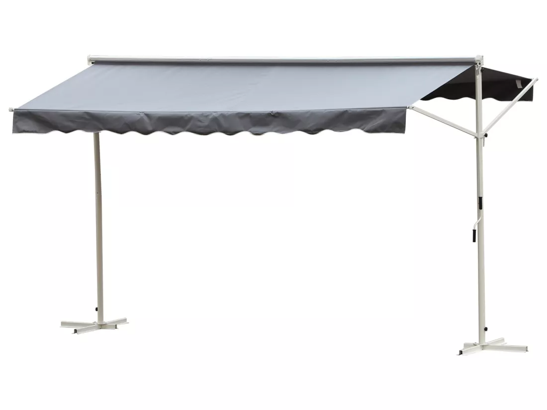 Store double pente manuel rétractable inclinaison réglable acier époxy blanc polyester imperméabilisé anti-UV gris dim. 4,50L x 3,40l x 2,55H m