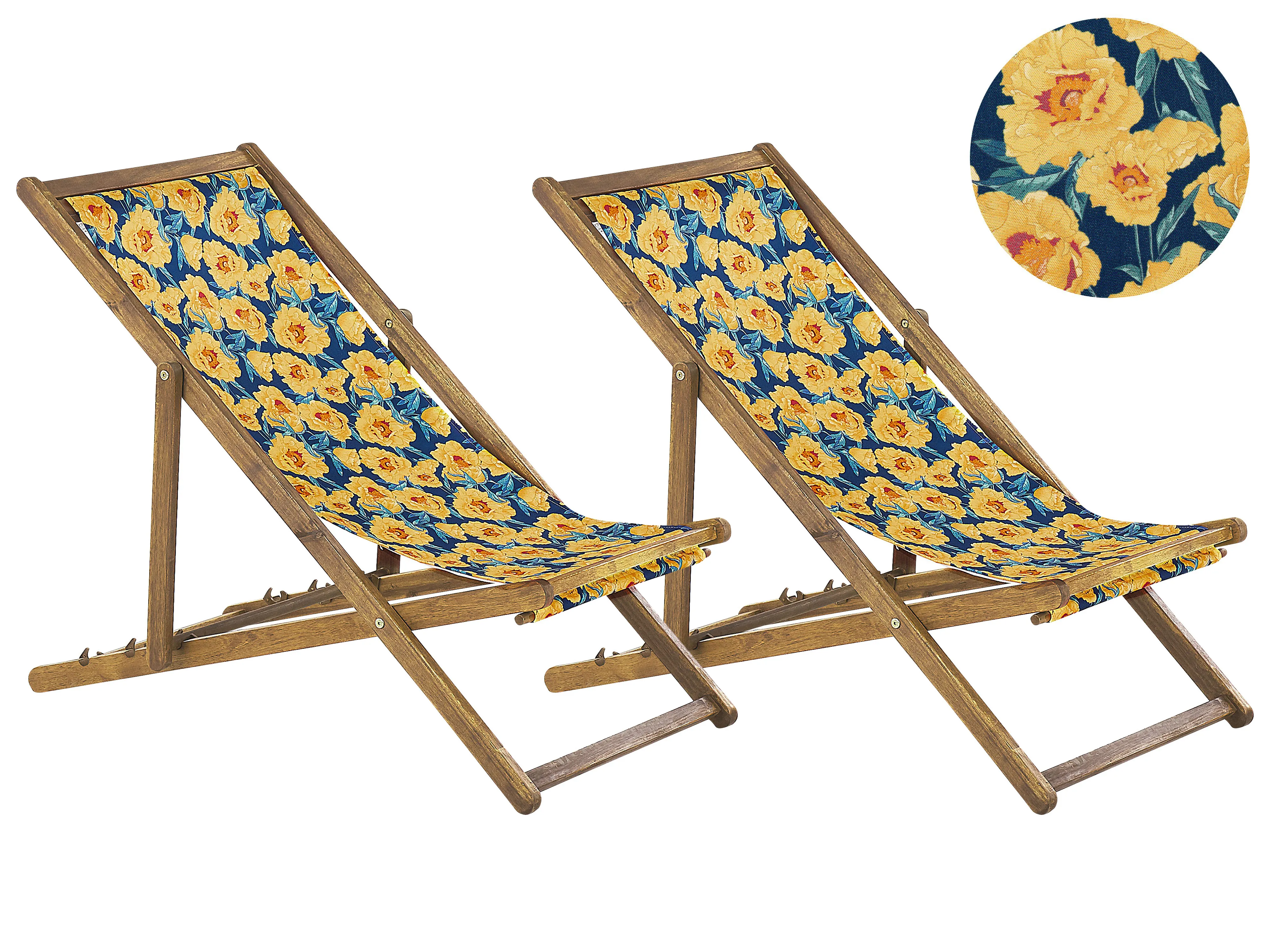 Set van 2 inklapbare ligstoelen ANZIO met vervangingshoezen Bloemen motief Acaciahout Lichtbruin
