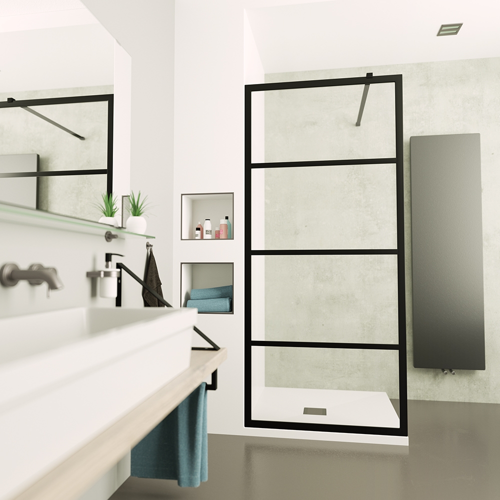 Saniclear Nero inloopdouche 90x200 8mm NANO met zwarte profielen