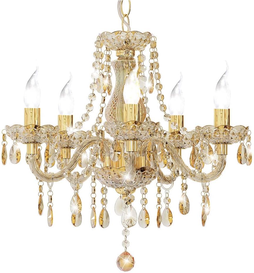 Kronleuchter Kristall Deckenlampe Hängeleuchte Lüster Esszimmerleuchte Wohnzimmerlampe, Metall Acryl gold, 5 flammig E14 Fassungen, DxH 48x150 cm