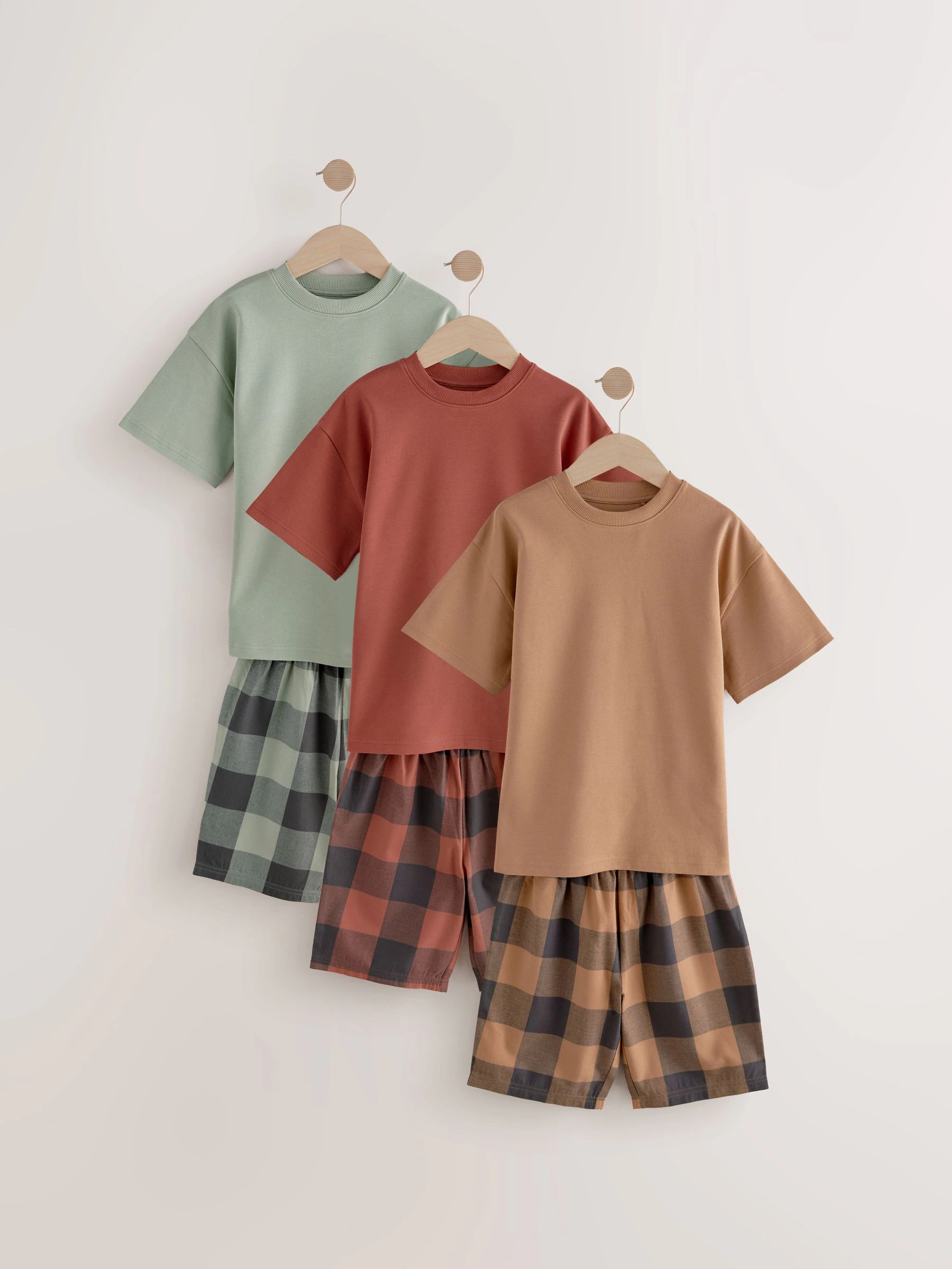Groen/oranje - Set van 3 geweven geruite pyjama's (3-16 jr)