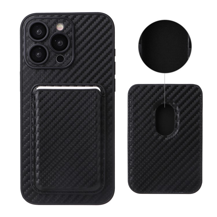 iPhone 15 Pro Max MagSafe 2in1 Leder Hülle Wallet Case mit Magnetischem Kreditkartenfach im Carbon Look - Schwarz