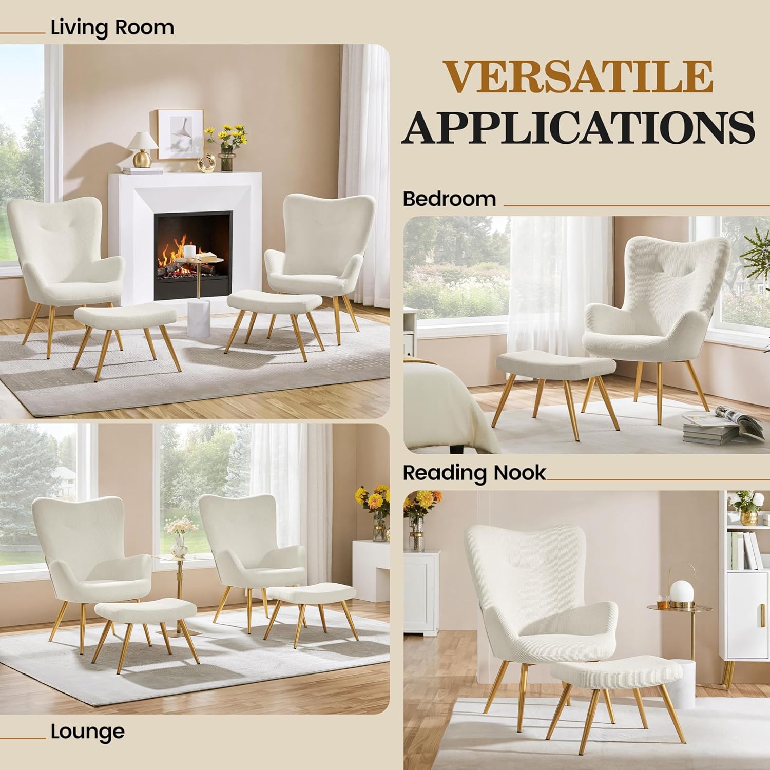 Yaheetech Ohrensessel mit Hocker aus Cordstoff Loungesessel mit Klappbarer Rückenlehne bis 136 kg belastbar Sessel fürs Wohnzimmer/Schlafzimmer Beige