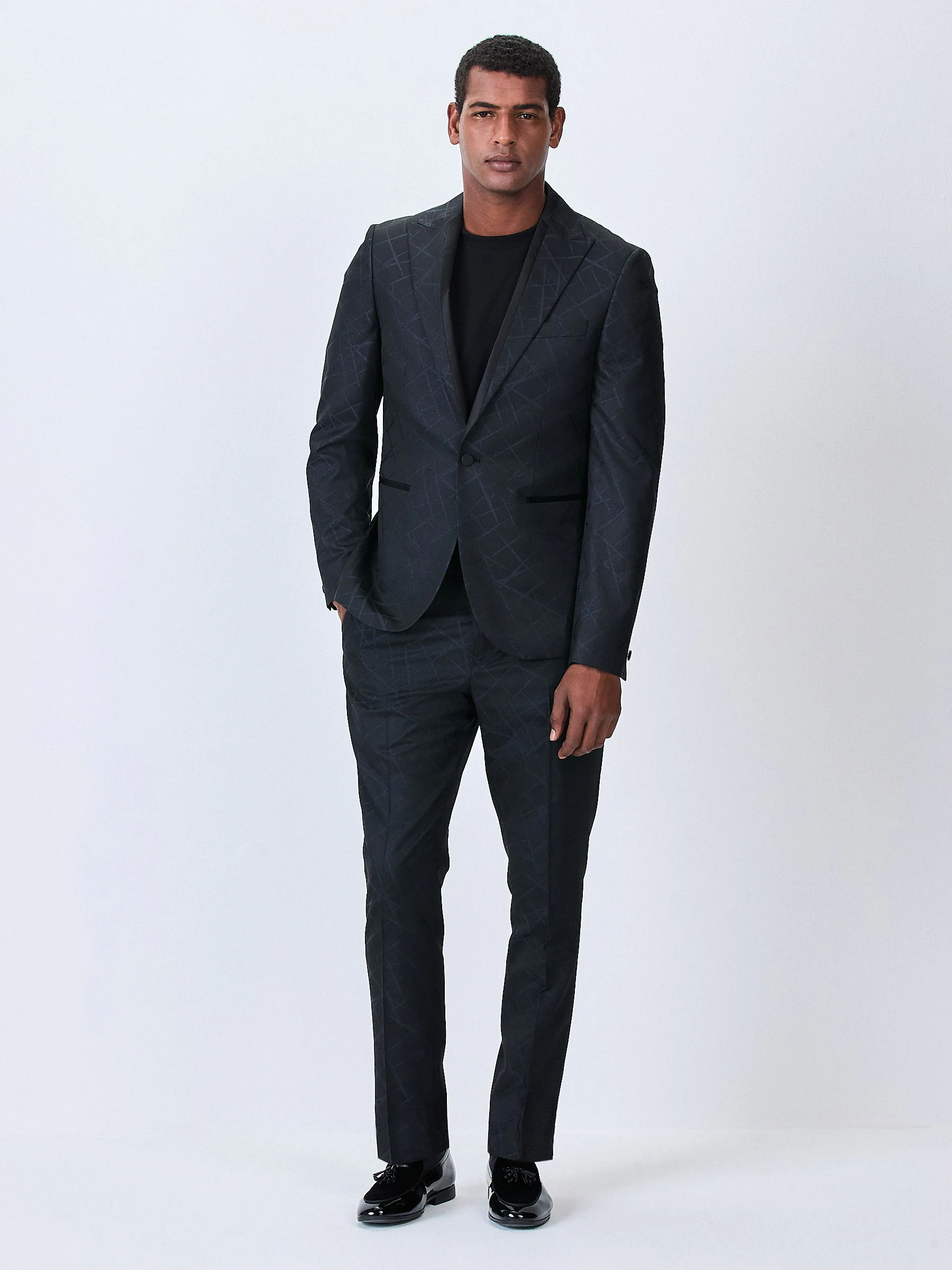 Zwart - Slim Fit Jacquard Texture Tuxedo Suit Jacket