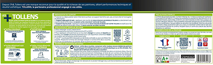 Peinture Tollens ultra couvrant murs, plafonds et boiseries satin blanc 2,5L