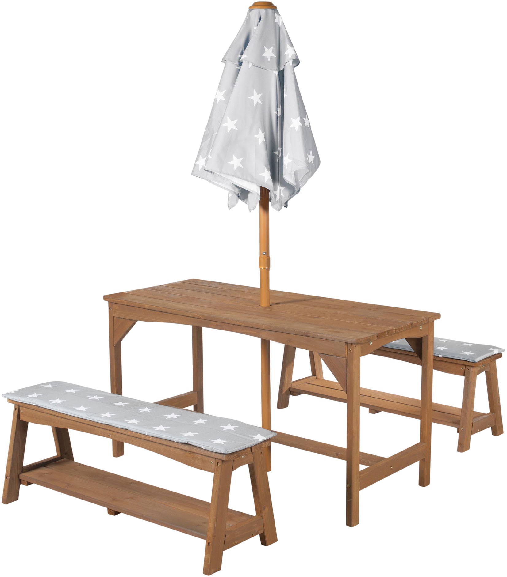roba® Garten-Kindersitzgruppe »Outdoor+« Set, 3 Stk. tlg. Tisch und 2 Bänke mit Sitzauflage, Schirmset