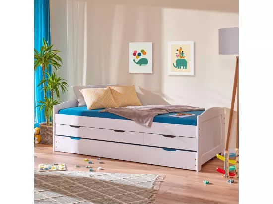 SYDNEY - Lit Gigogne 90x190cm + 3 Tiroirs Bois Massif Vernis Blanc