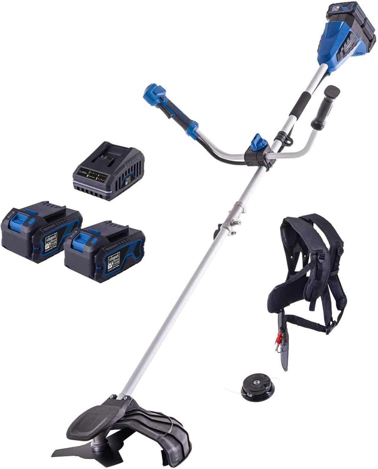 Scheppach Akku-Freischneider BC-BCH380/40-X SET L2 Brushless | Schnittbreite Rasentrimmer 38cm / Motorsense 25,5cm | Faden 4 m/1,6 mm | 2x20V | 20V-IXES-Serie | inkl. 2x4Ah Akku + 2,4A Doppelladegerät