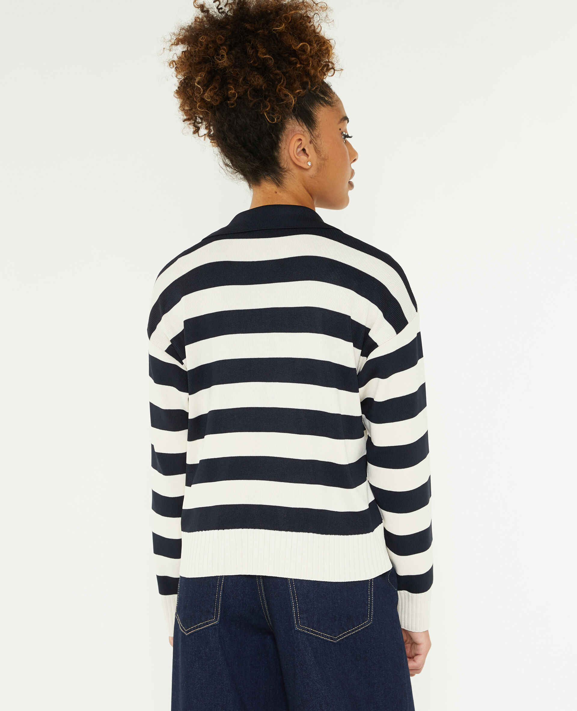 Pull col polo motif rayures - Blanc