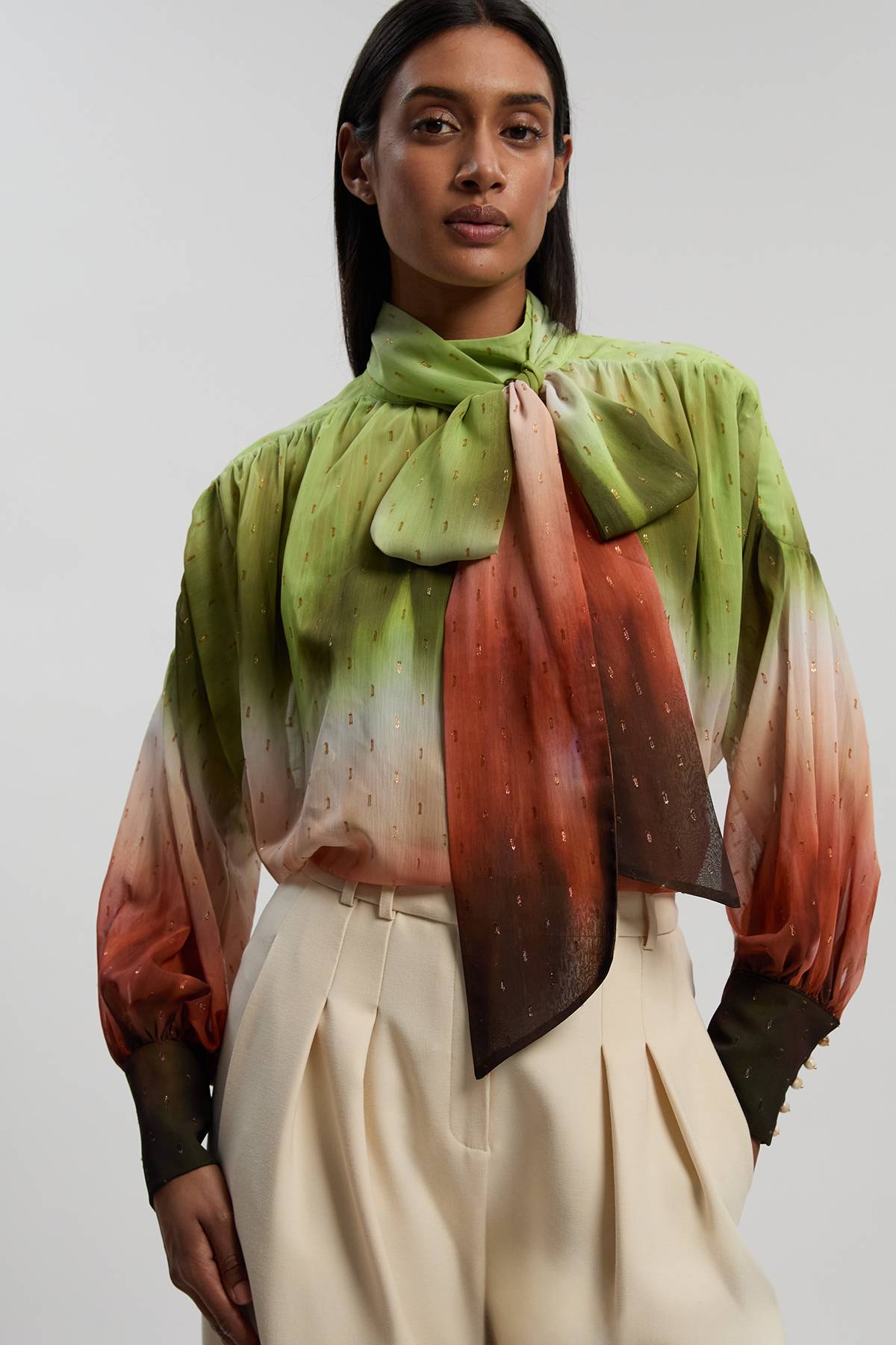 KarenMillen Blouse Tissée À Manches Bouffantes Avec Imprimé Ombré Métallisé