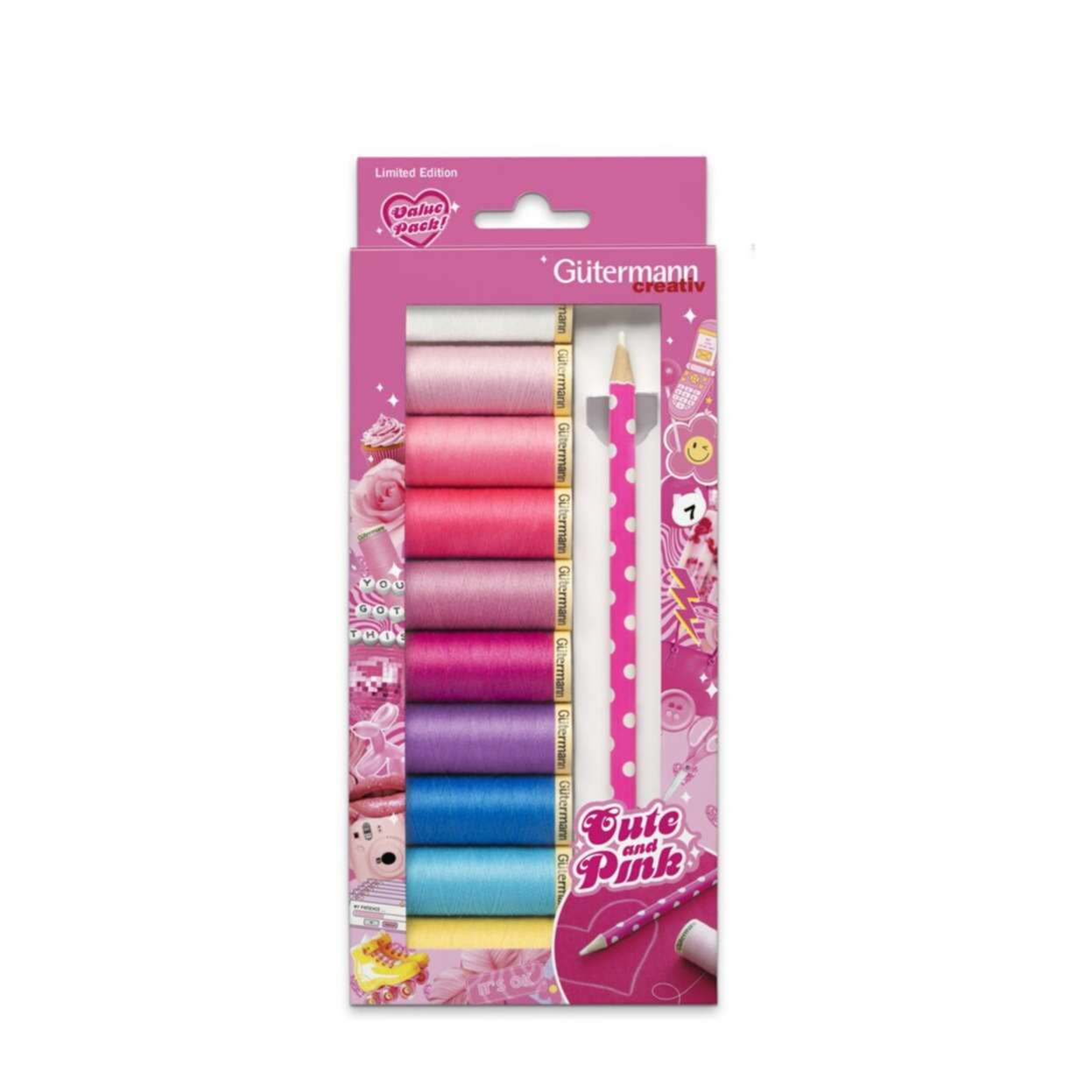 (11-tlg. Set) Nähfaden Handwerk Kit Allesnäher DIY Mercerie Zubehör inkl. Weisser Markierstift (734589) - Cute and Pink