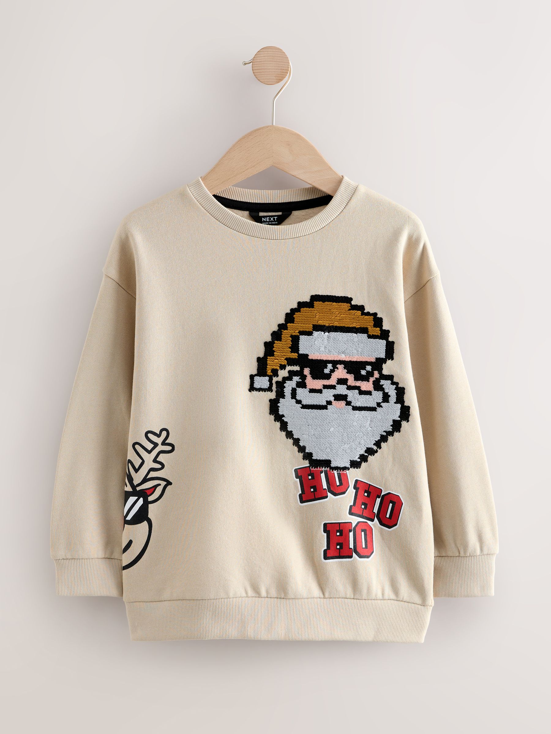 Pastelgeel - Sweatshirt met pailletten en kerstmanprint met ronde hals (3-16jr)