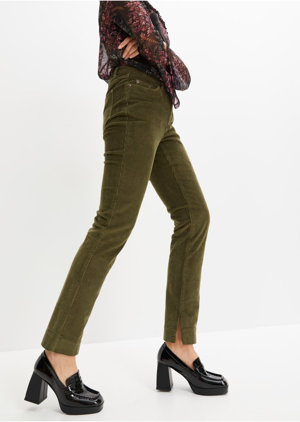 Pantalon velours côtelé extensible, Straight avec fente