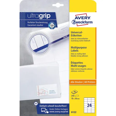 Avery Zweckform 6122 Universal-Etiketten,A4 mit ultragrip,Adressaufkleber 70 x 36 mm, 10 Bogen/240 Etiketten, weiß