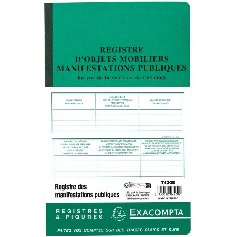 Piqûre 32x19,5cm - Registre d'identification des vendeurs en vue d'une manifestation publique - 80 pages