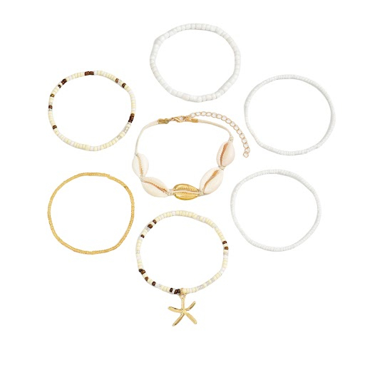 (7er Set) 155-210mm Perlen Armband Muschel Modeschmuck Sommer Boho Armkette mit Seestern Anhänger - Beige / Gold