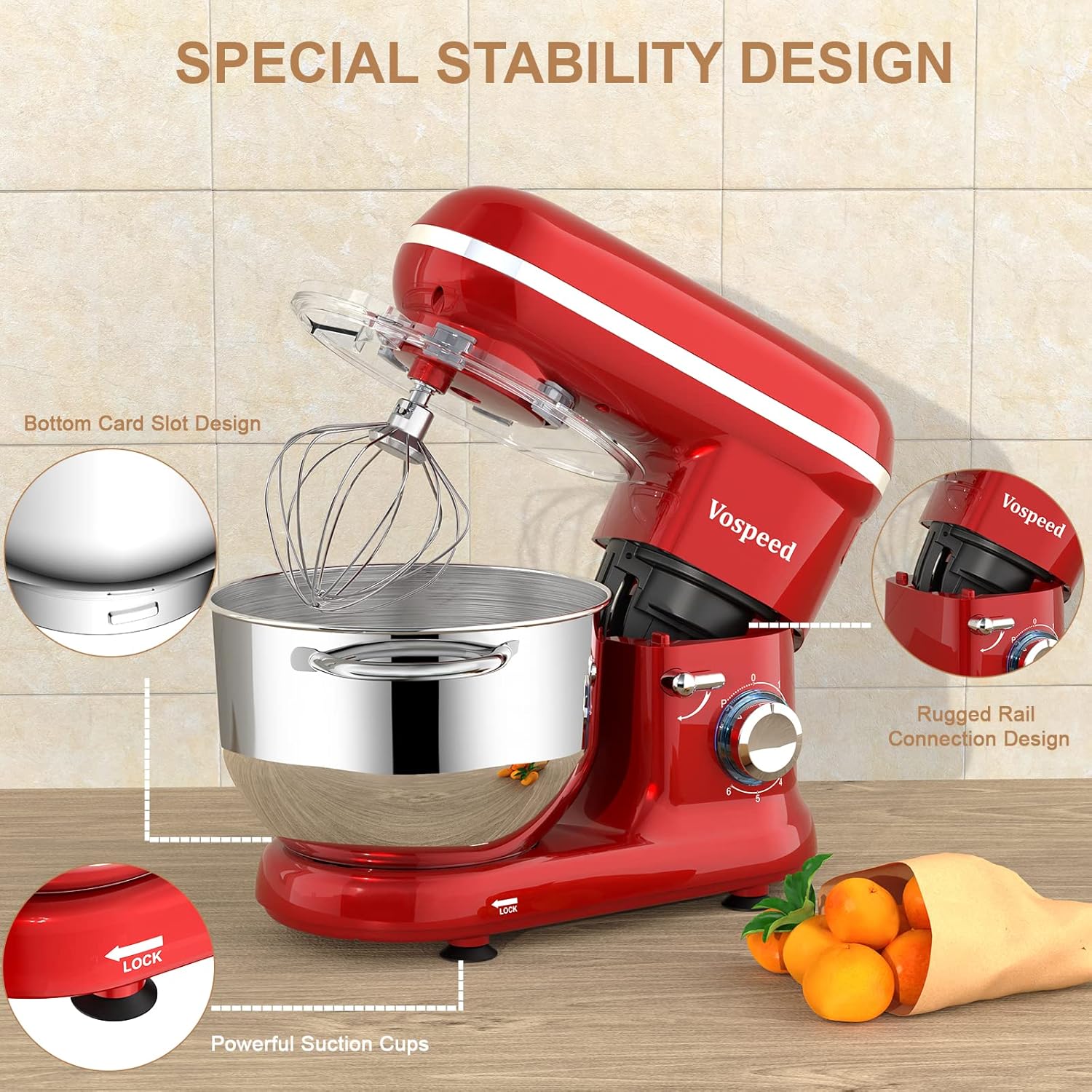 Vospeed Robot Patissier 1500W, 6QT Gateau Mélangeur lectrique Cuisine Avec Acier Inoxydable Bowl, Batteur, Crochet Pétrisseur, Fouet Pourcuisson, Lave-vaisselle (Noir)