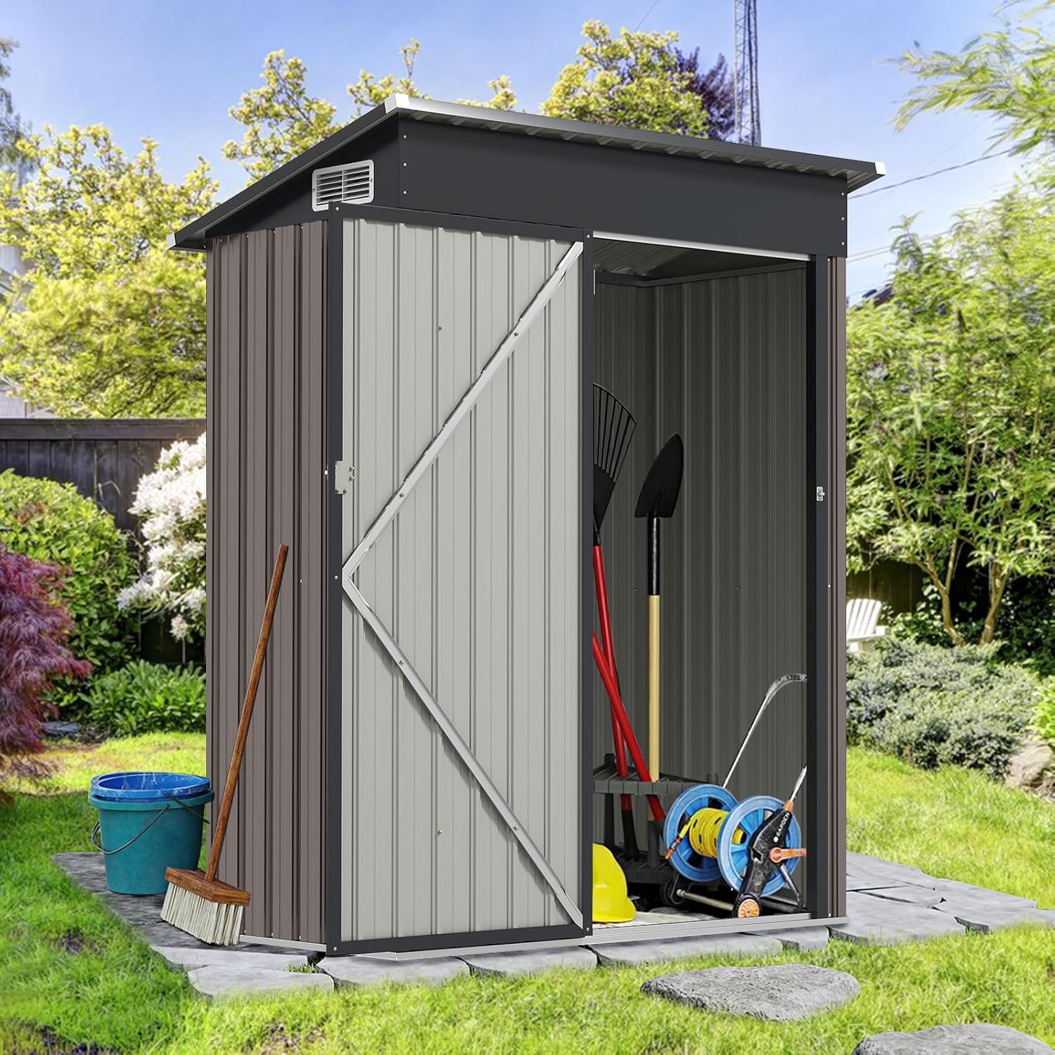 COSTWAY Gartenhaus Metall, 150 x 90,5 x 185 cm | 1,5 m³, Gerätehaus mit Pultdach & Tür, Geräteschuppen abschließbar, Gartenhütte Gartenschuppen, Garten Schuppen Outdoor (Hellgrau)