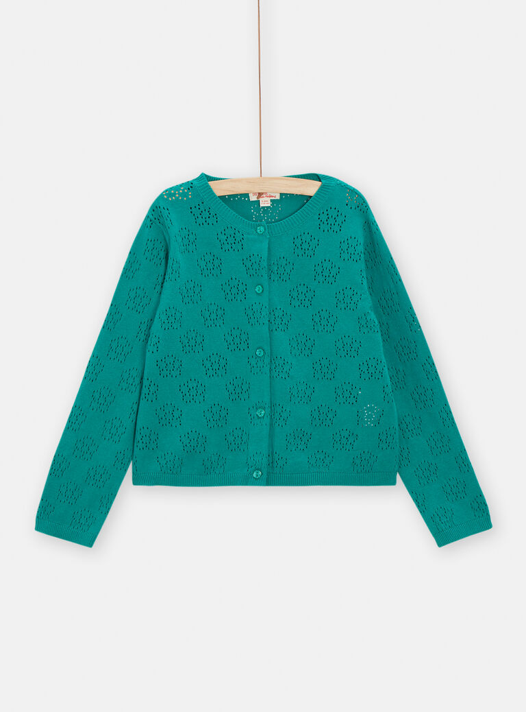 Cardigan vert ajouré imprimé fleur pour fille