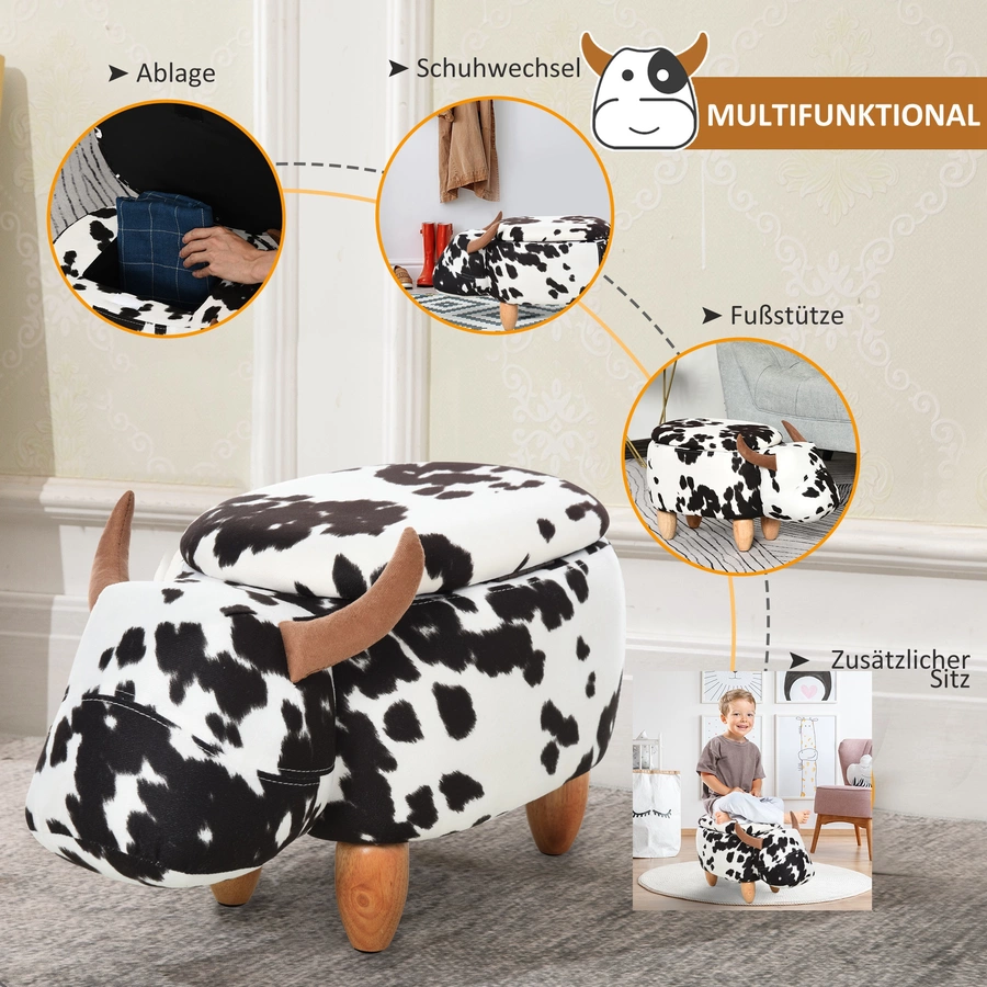 HOMCOM Kinderhocker im Kuh Design schwarz, weiß, natur