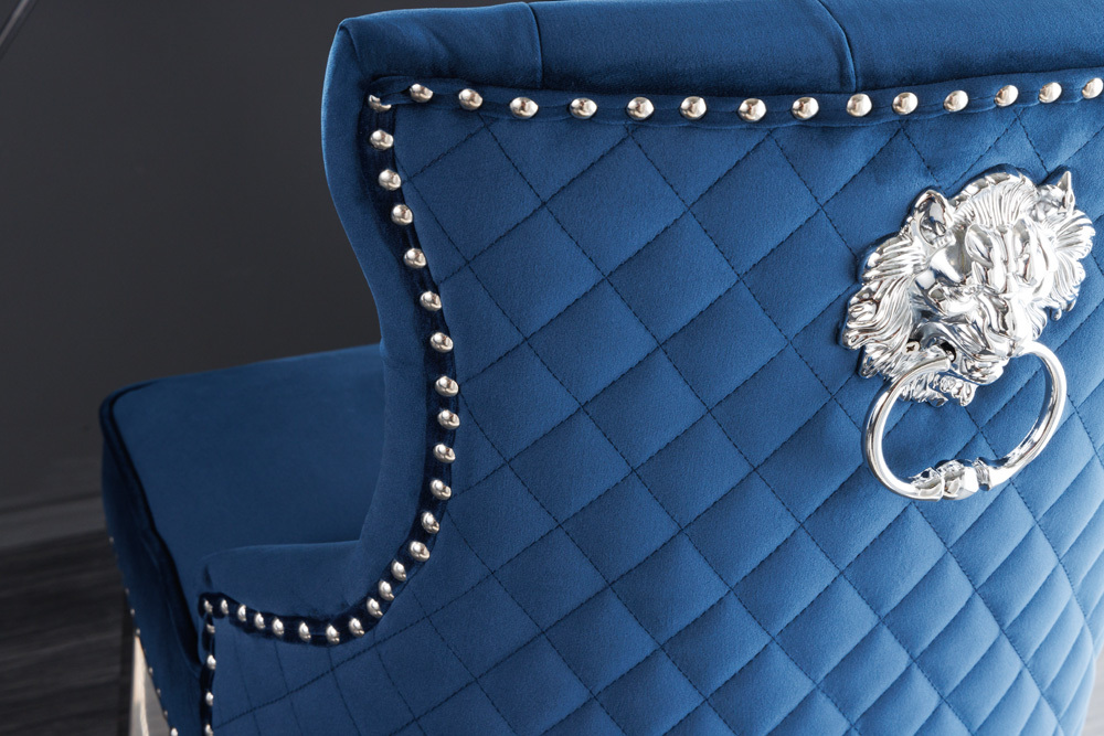 Design Barhocker CASTLE DELUXE royalblau Samt silber Edelstahl mit Lehne Chesterfield