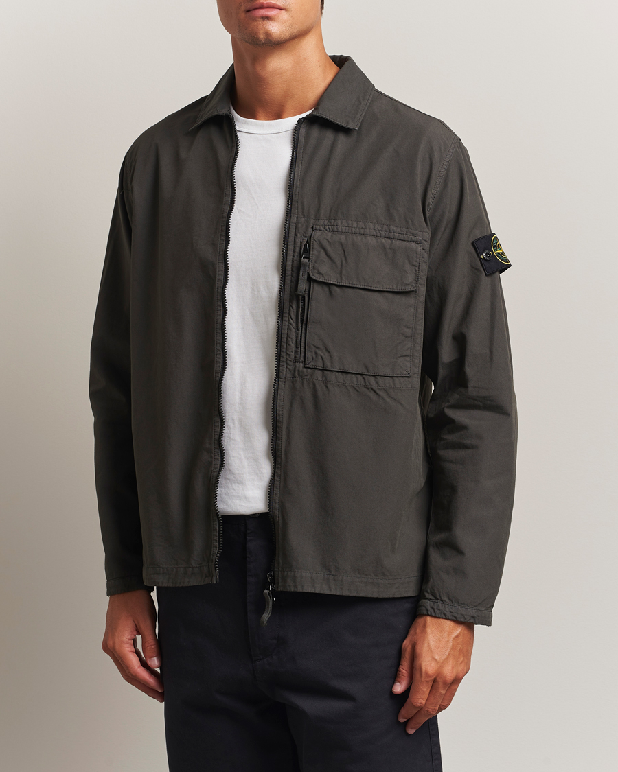 Stone Island Garment Dyed Organic Cotton Zip Overshirt Lead Grey