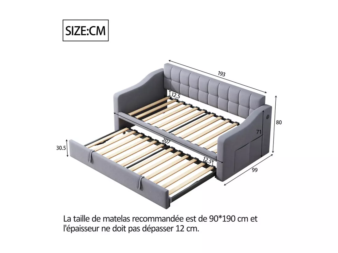 Lit gigogne 90×190 lit rembourré 2 en 1 Canapé-lit multifonction en velours avec prise de courant et sac de rangement gris