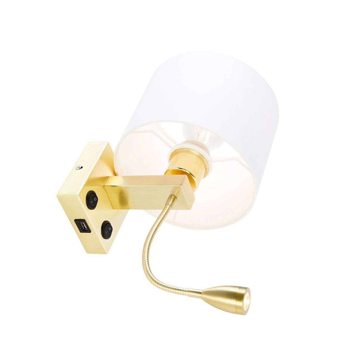 Wandlamp goud met USB en kap wit 18 cm - Brescia Combi