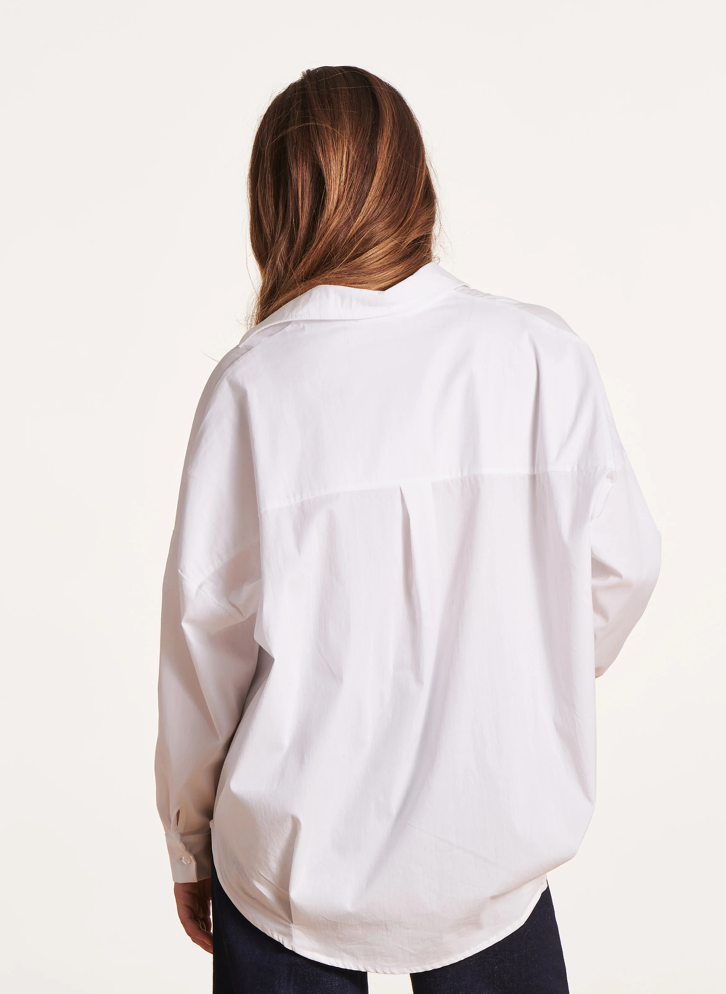Blouse ample col chemise en coton mélangé| Blanc