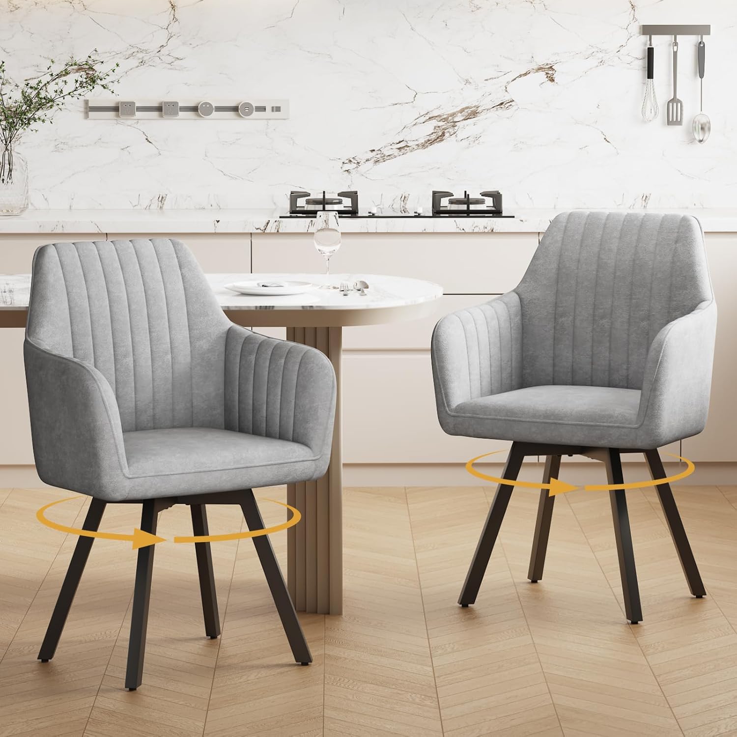 Esszimmerstühle Drehbar mit Armlehne 2er Set, 360°Drehbar Polsterstuhl Küchenstuhl aus Samt, Stühle Esszimmer Schminkstuhl mit Metallbeine und Rückenlehne für Esszimmer Schlafzimmer, Hellgrau