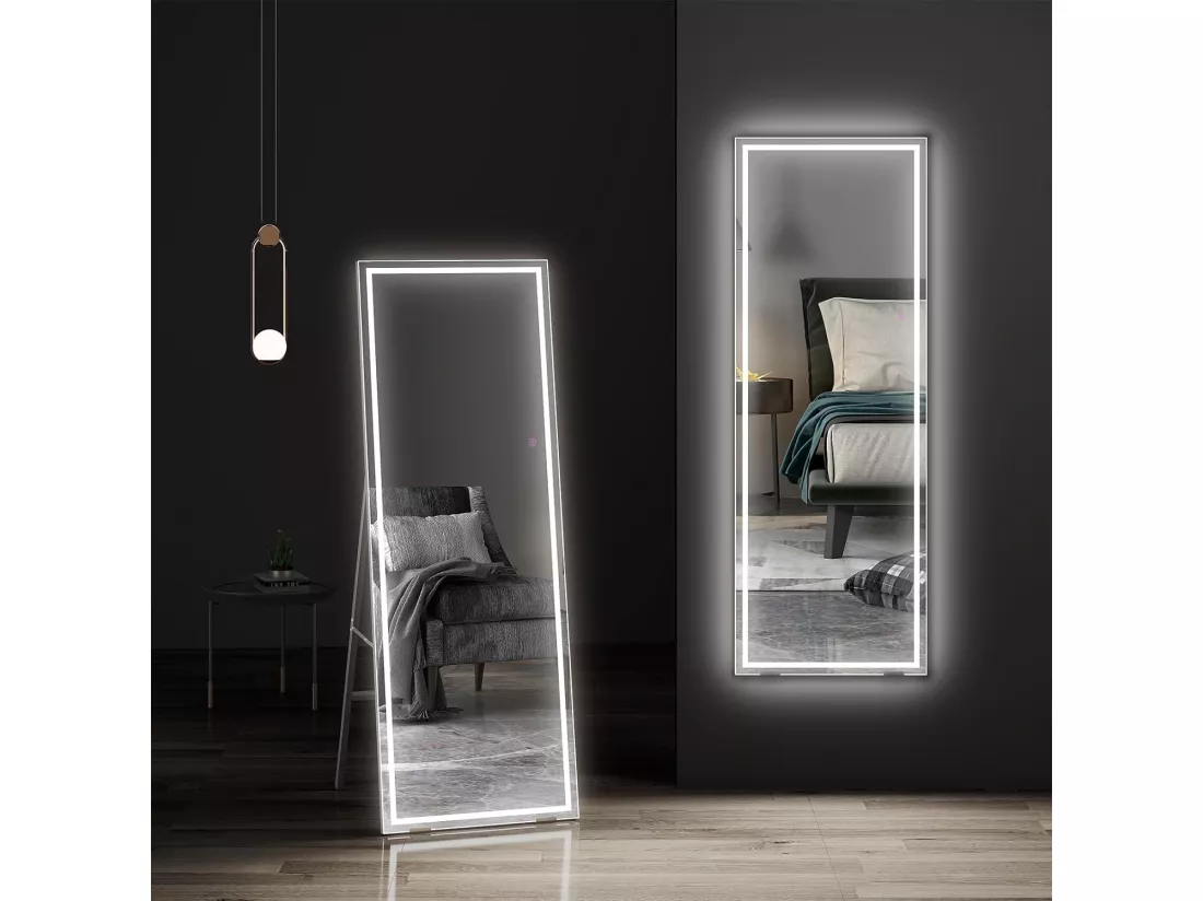150 x 40 cm Miroir sur Toute la Longueur,Miroir LED avec éclairage sur Pied ou Mural,3 Couleurs Réglable,Miroir de Sol,Chambre à Coucher,Salon,Noir