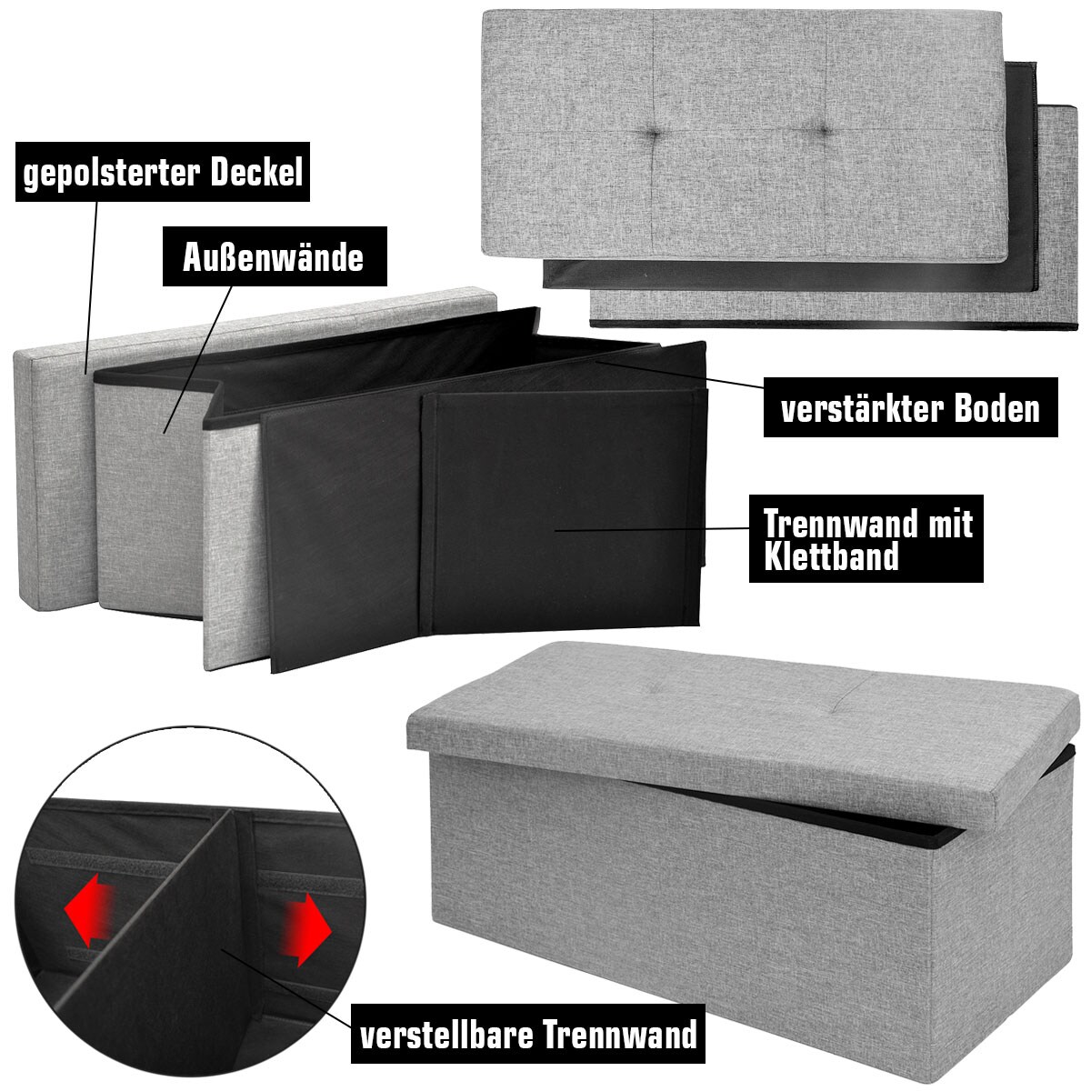 Faltbare Sitzbank 76x38x38 cm inkl. Trennwand Sitztruhe 80L Polsterbank Hellgrau